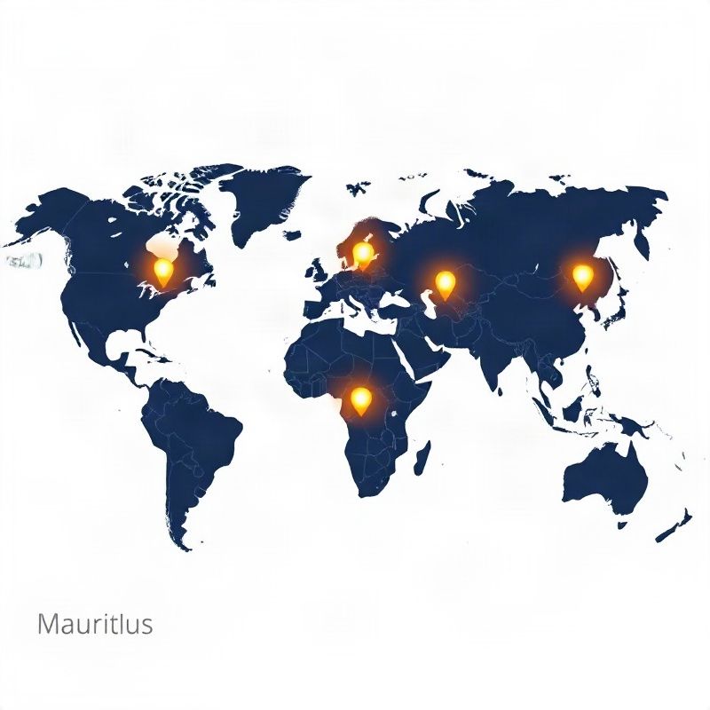 Minimal-luxe world map with offshore jurisdiction nodes highlighted in indigo and gold