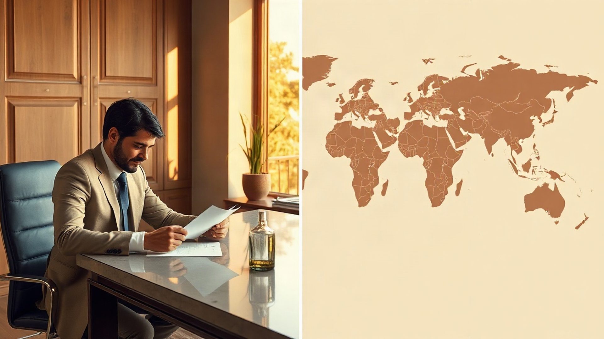 Deltaxecho adviser reviewing offshore jurisdiction documents in an indigo-accented office